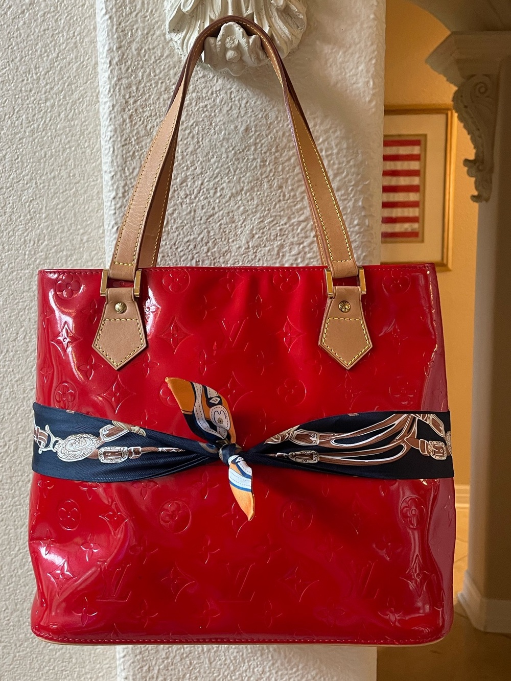 Louis Vuitton fire red patent Houston tote repaired